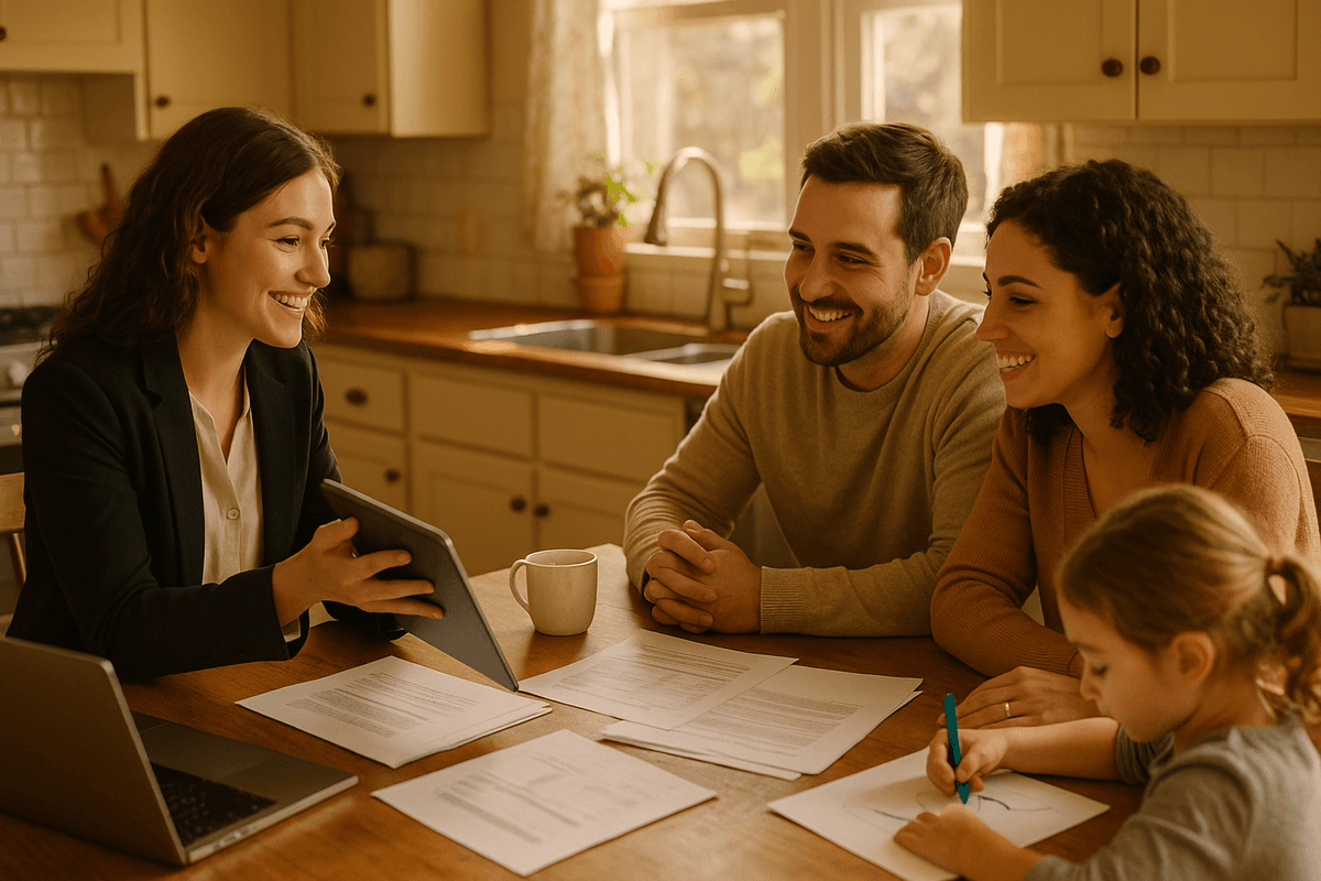 Financial advisor meeting with a family at their kitchen table